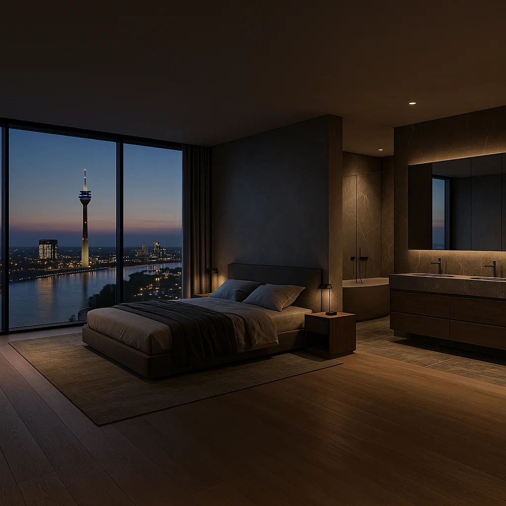 Nächtliche Konzeptvisualisierung eines Bad en Suite mit beleuchtetem Waschtisch und Blick auf den Rheinturm