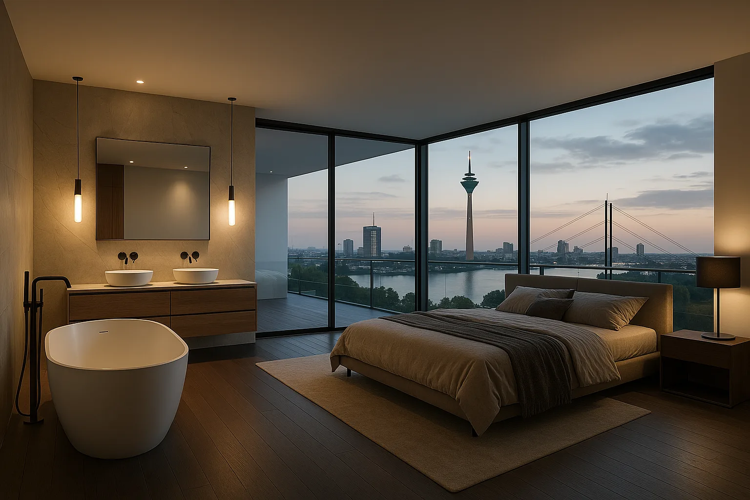 Konzeptvisualisierung eines großzügigen Bad en Suite mit Doppelwaschtisch und Düsseldorfer Skyline in der Dämmerung