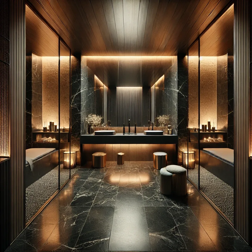 Exklusives Spa-Badezimmer in dunkler Marmoroptik mit indirekter Beleuchtung und goldenen Akzenten
