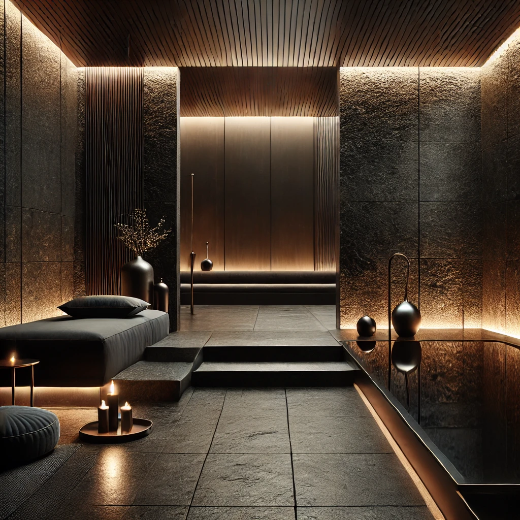 Minimalistischer Spa-Retreat mit dunkler Betonoptik, Wasserbecken und stimmungsvoller Beleuchtung