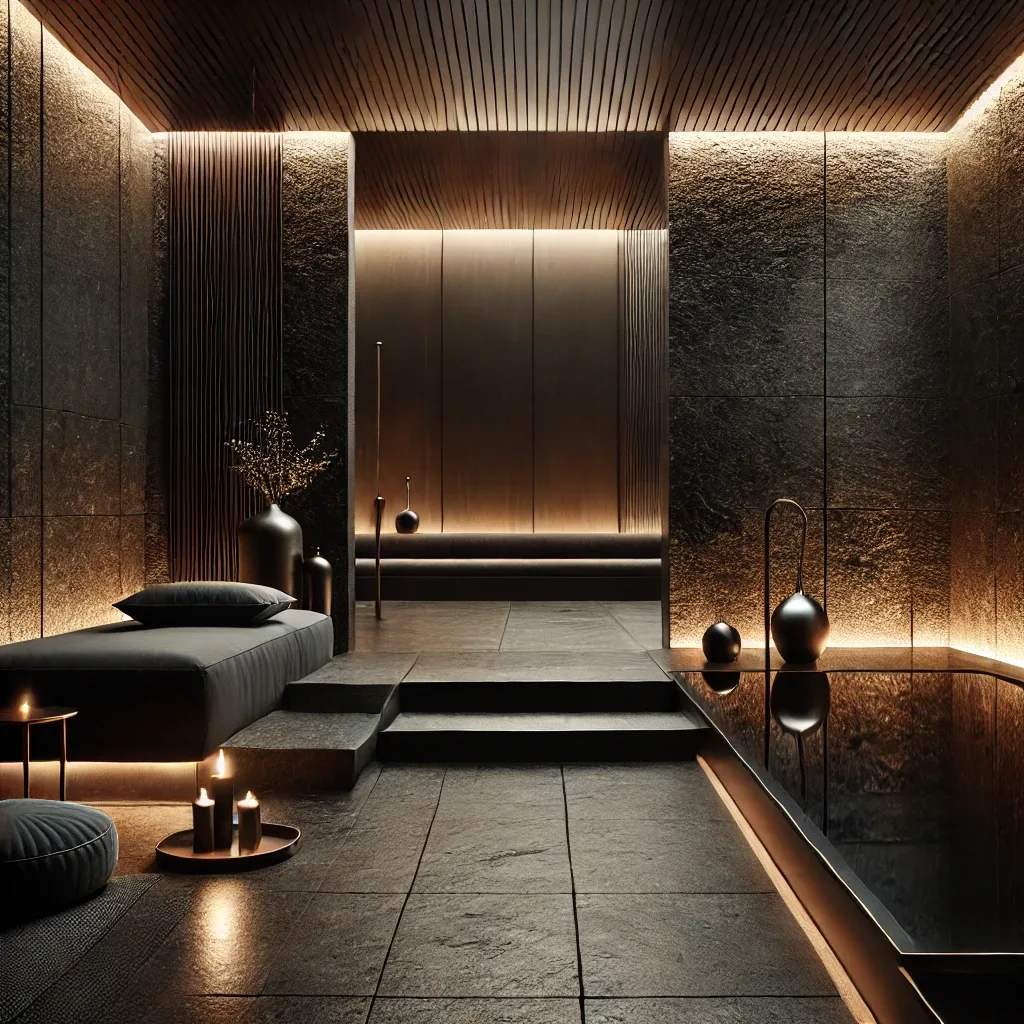 Minimalistischer Spa-Retreat mit dunkler Betonoptik, Wasserbecken und stimmungsvoller Beleuchtung