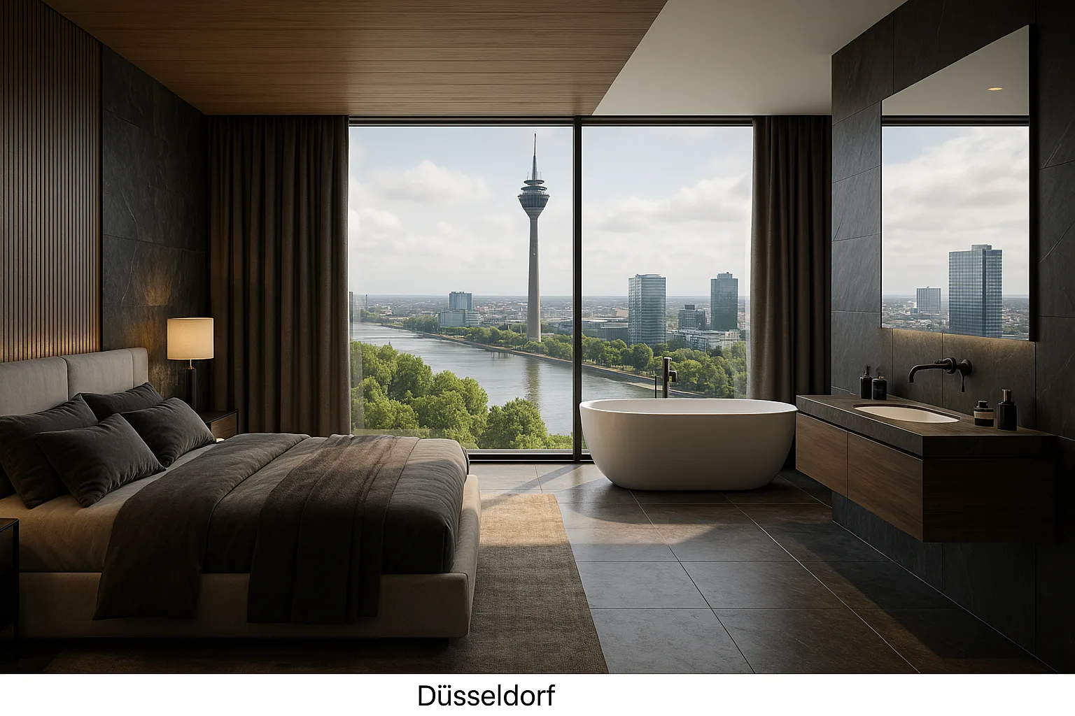 Helle Konzeptvisualisierung eines Bad en Suite mit freistehender Wanne und Blick über Düsseldorf