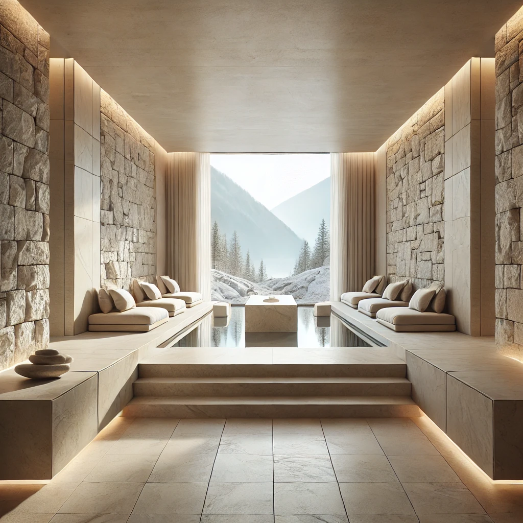 Private Spa-Lounge mit Steinwänden, beheiztem Wasserbecken und Bergblick