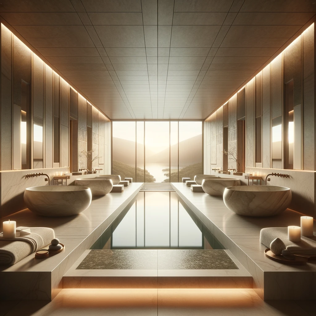Luxuriöses Private Spa mit Naturstein, freistehenden Waschbecken und Pool mit Panoramablick – Design by Torsten Müller