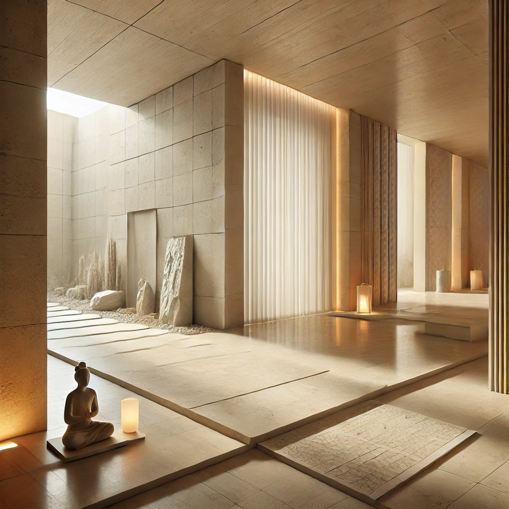 Zen-inspirierter Spa-Raum mit Naturstein, Sandgarten und skulpturalem Lichtkonzept