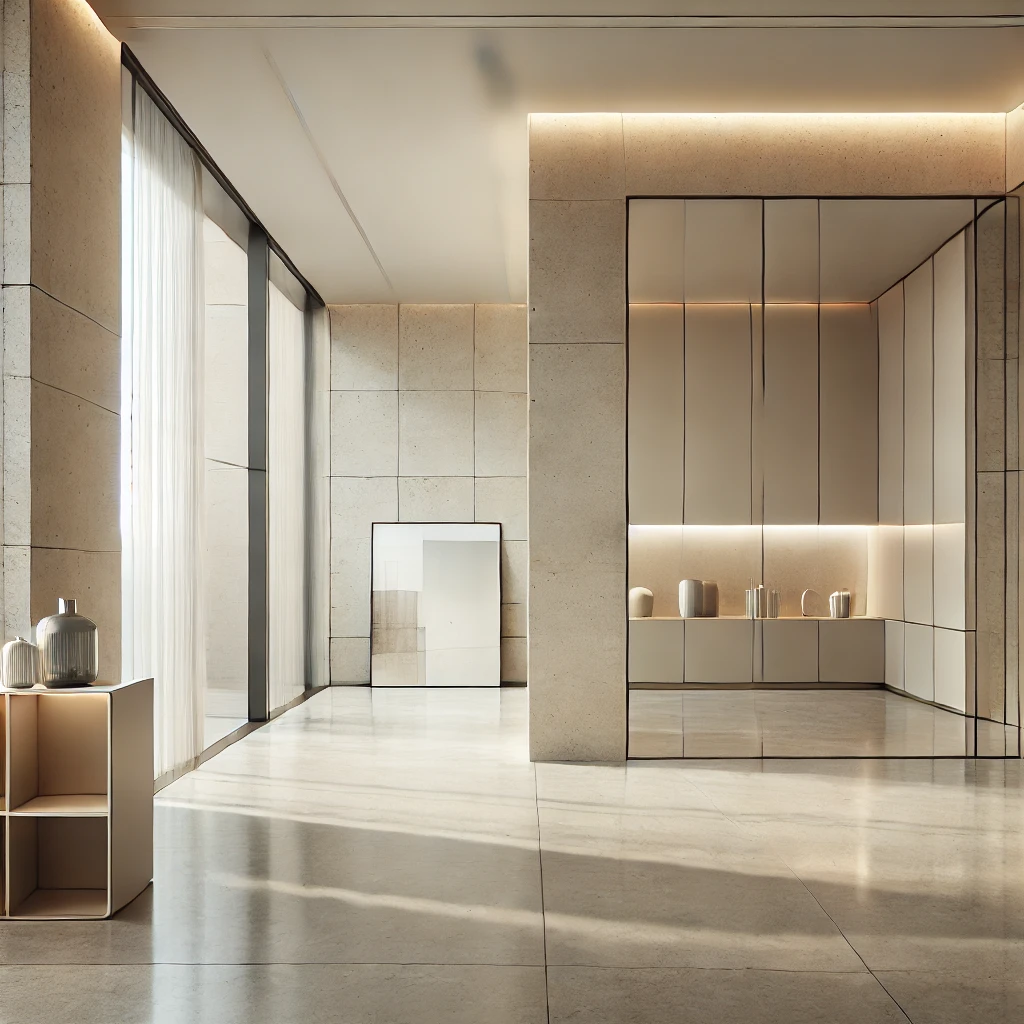 Luxuriöser Spa-Flur mit Naturstein und indirekter Beleuchtung im minimalistischen Design