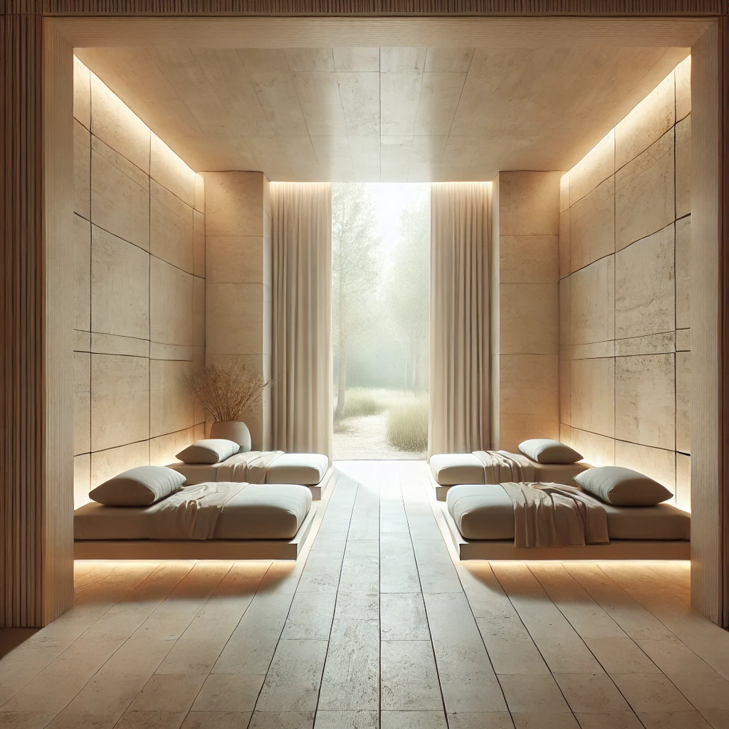 Private Spa-Ruheraum mit schwebenden Liegen und natürlichem Lichteinfall