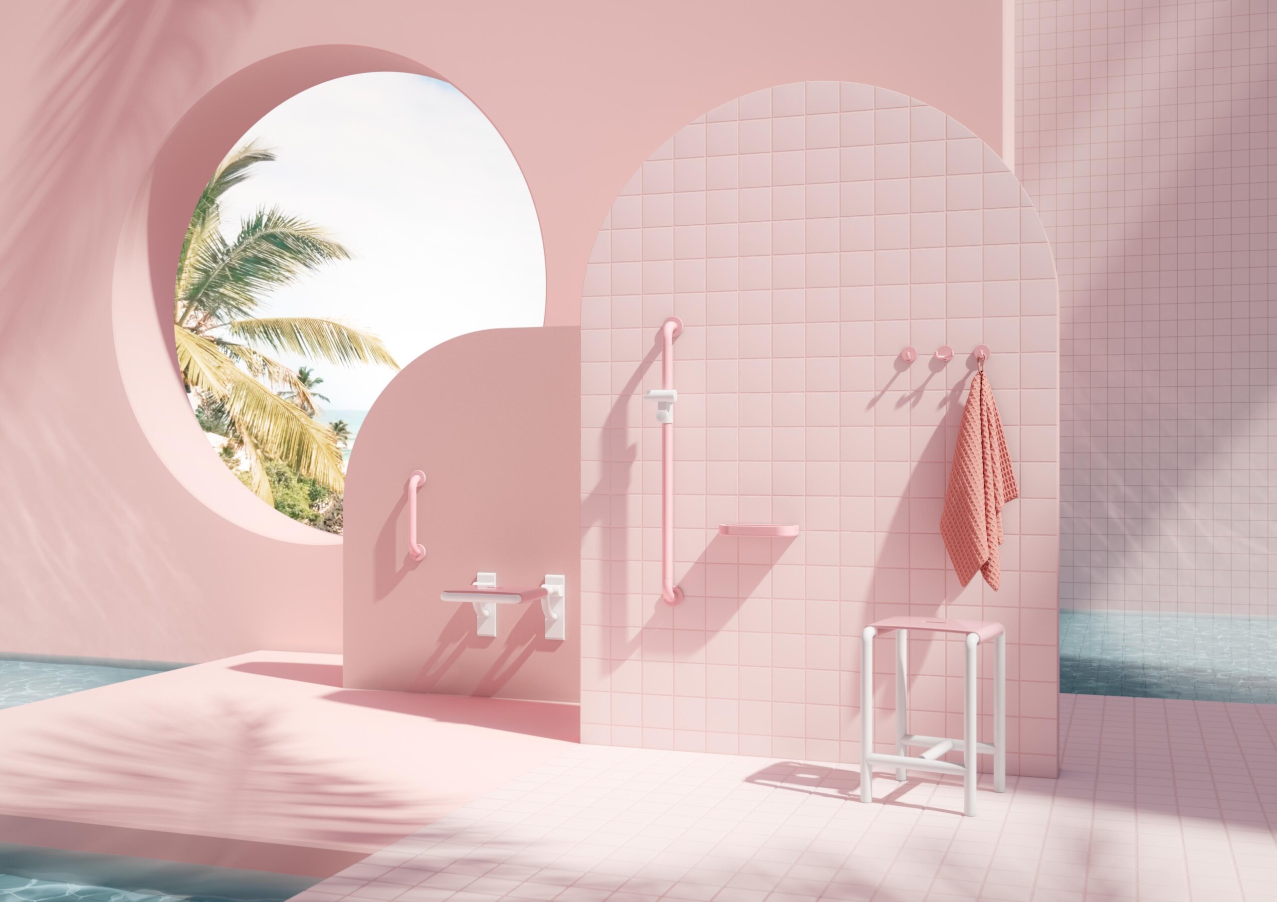 Barbie x HEWI-Kollektion – stilvolles, barrierefreies Badezimmerdesign in Rosa mit Haltegriffen, Haken, Sitzmöglichkeiten und Brausehalterstange.