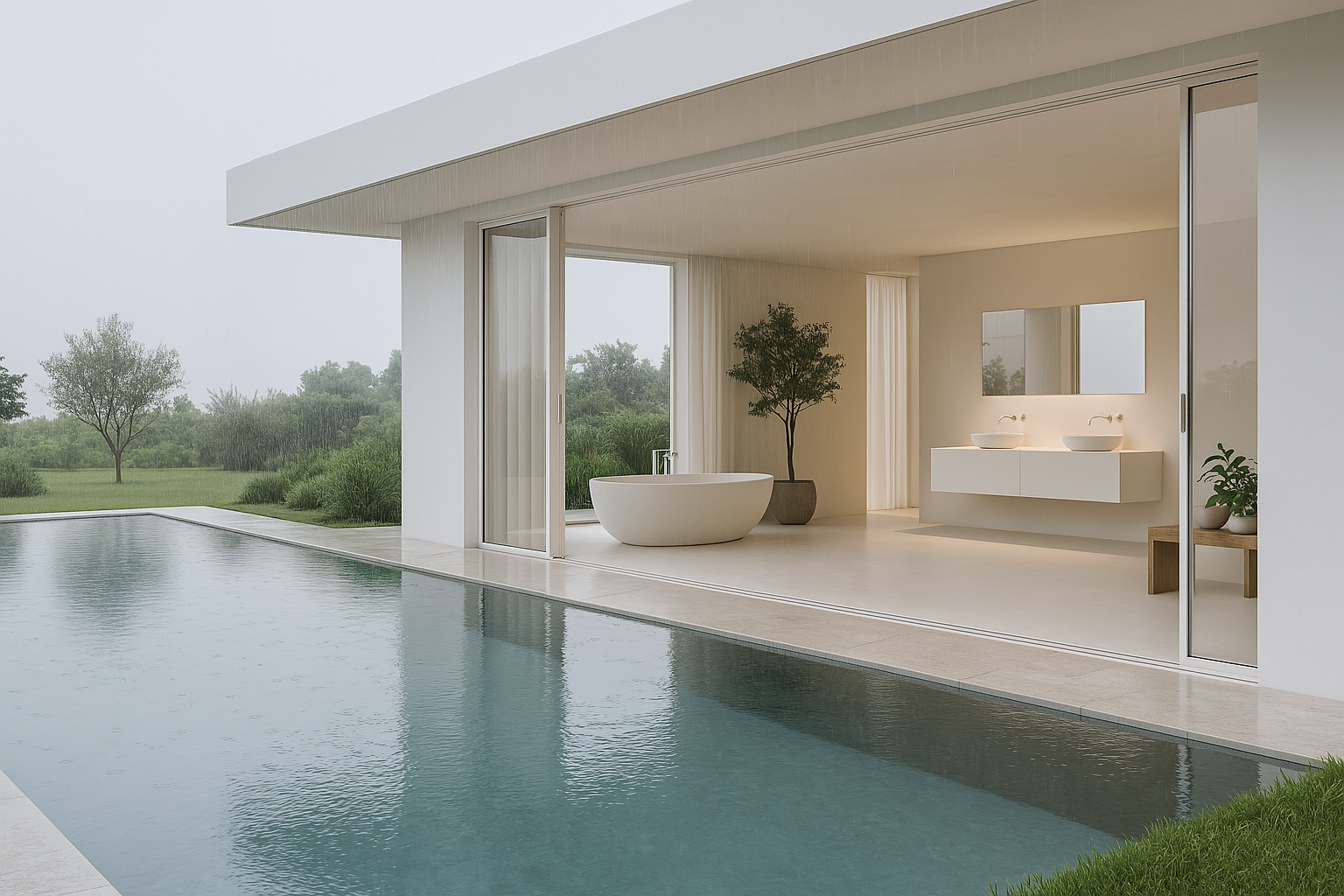 Hochwertiges Spa-Badezimmer mit freistehender Badewanne und Doppelwaschplatz, offen zum Garten mit Pool, in sanftem Tageslicht.