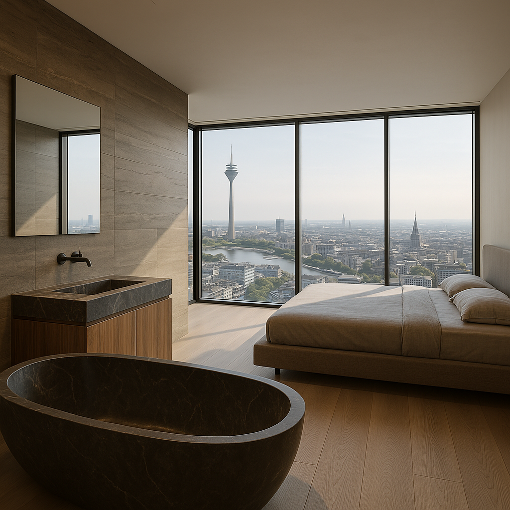 Bad en Suite in Luxus-Penthouse mit Natursteinwanne und Blick auf Düsseldorf
