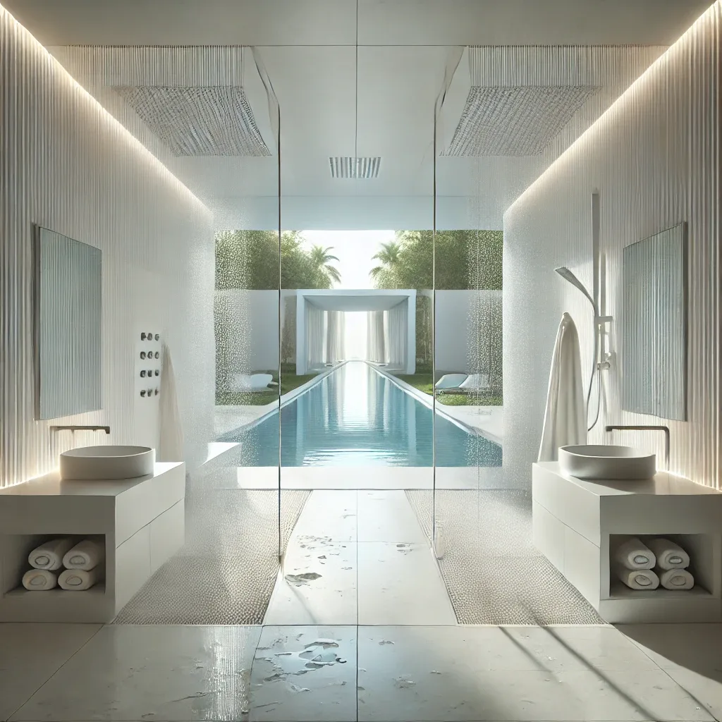 Modernes Luxusbad mit Regendusche und Poolblick – Designer Spa-Badezimmer mit symmetrischem Lichtkonzept
