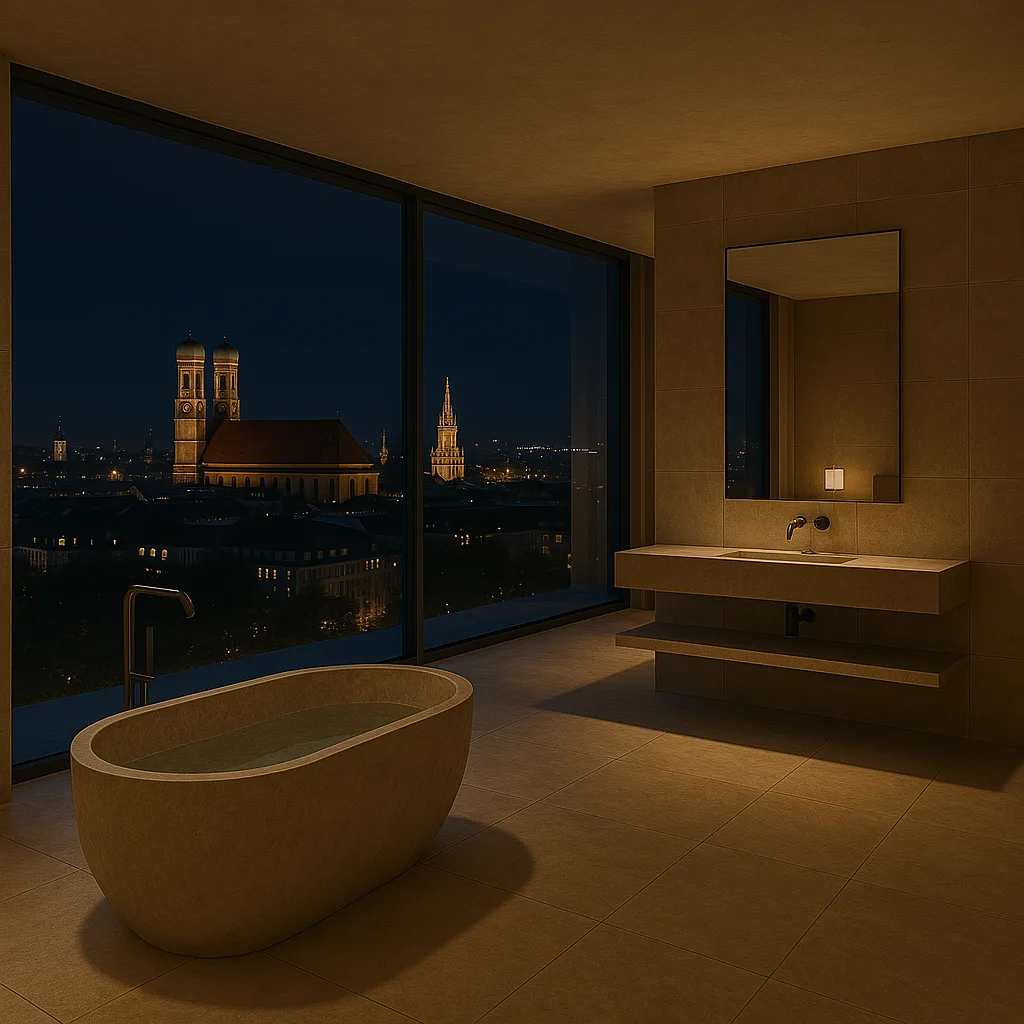 Modernes Badezimmer mit freistehender Badewanne und nächtlichem Panoramablick auf München
