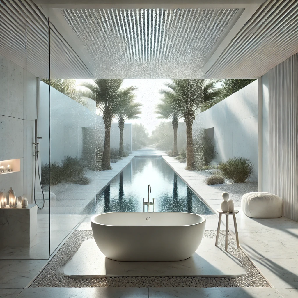 Freistehende Designer-Badewanne mit Blick auf symmetrischen Palmenhof und Pool, eingebettet in ein modernes Spa-Bad mit Naturstein und Regenlicht.