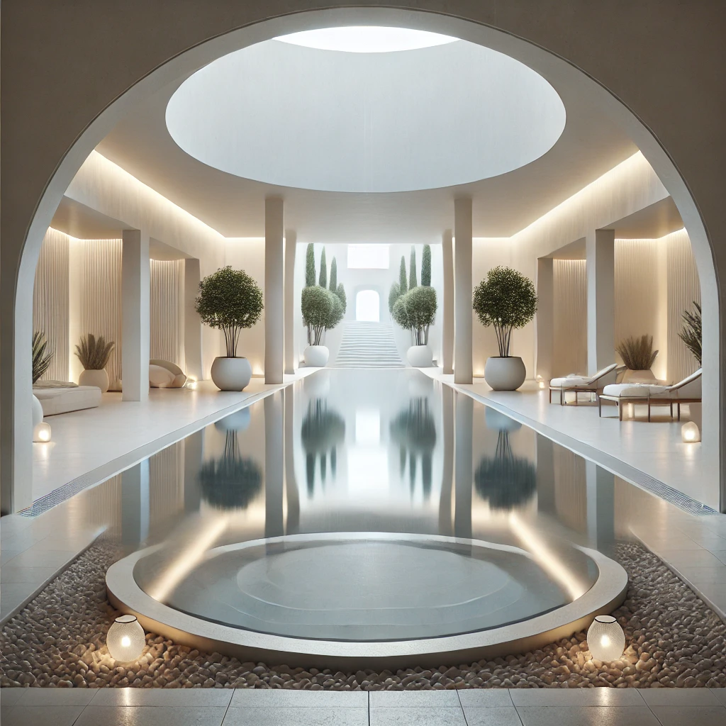 Elegantes Indoor-Spa mit zentralem Rundbecken, symmetrischem Lichteinfall, mediterranen Pflanzen und exklusivem Lounge-Bereich.