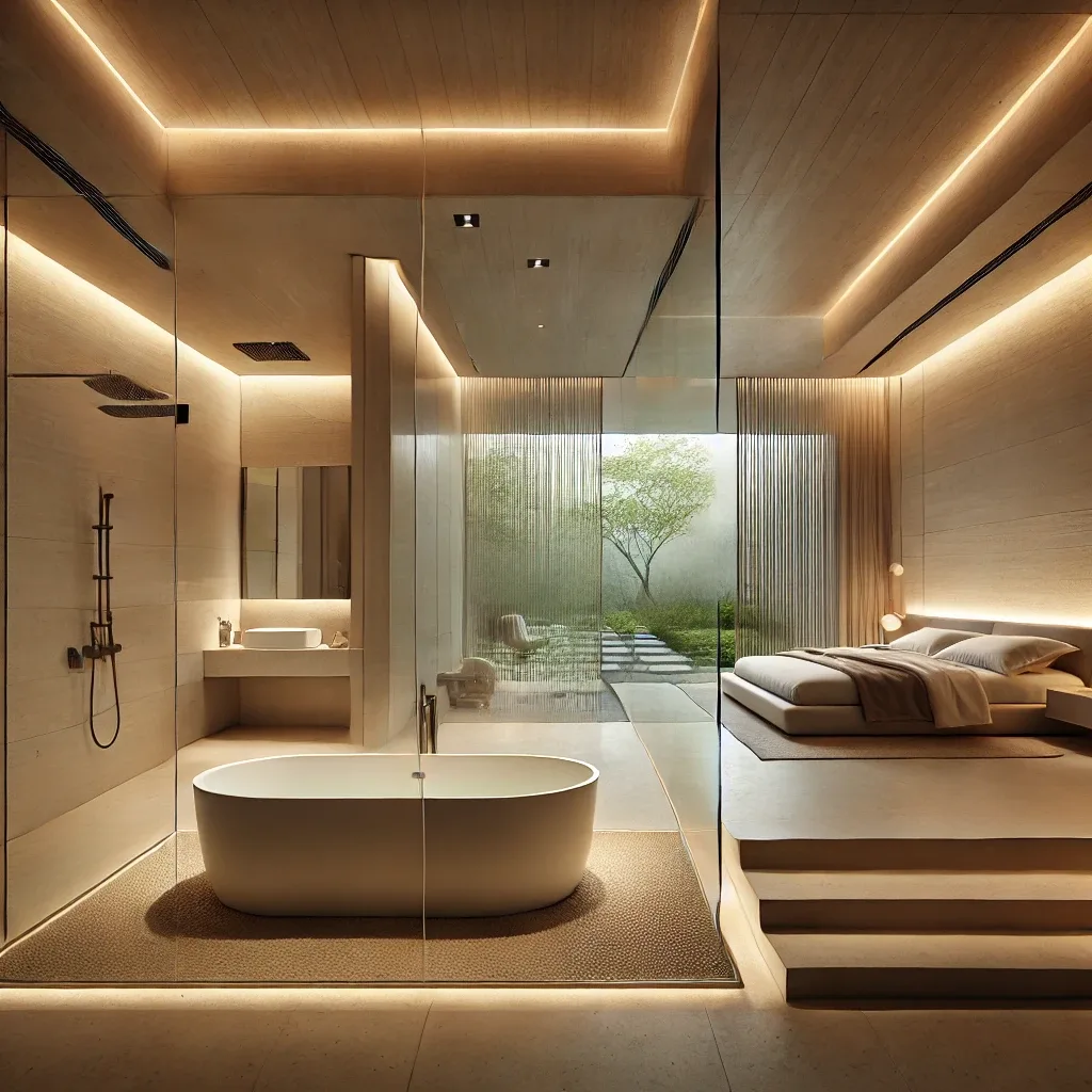 Modernes Bad en Suite mit freistehender Wanne und Ausblick ins Grüne
