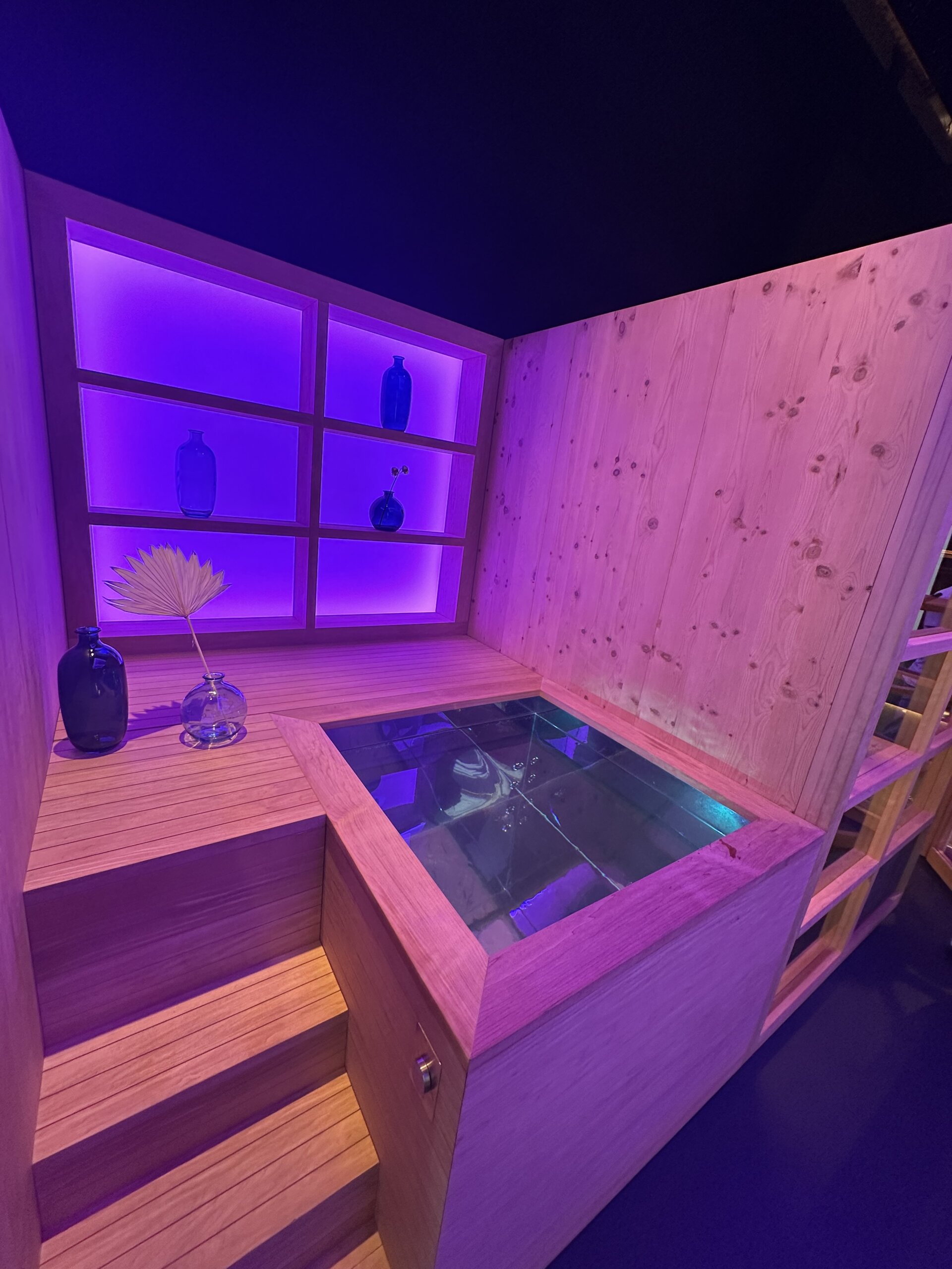 Holzverkleidetes Spa-Modul mit integriertem Tauchbecken, LED-Hintergrundbeleuchtung in Violett und minimalistischer Deko.