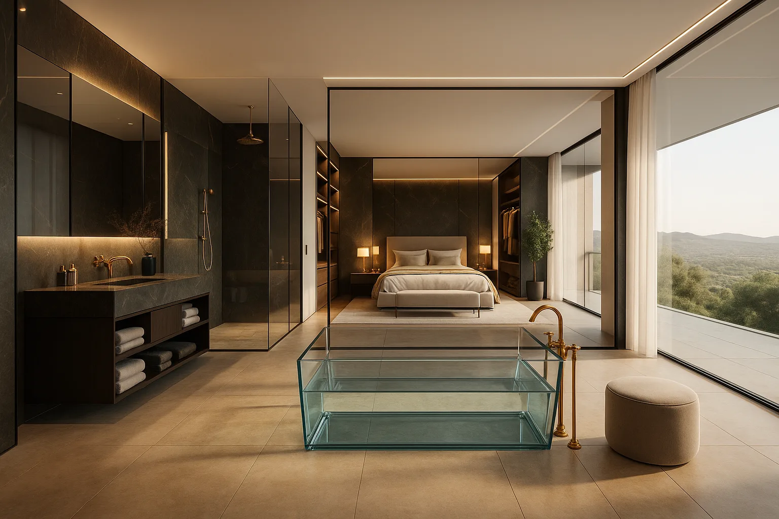 Modernes Bad en Suite mit freistehender Glasbadewanne, luxuriösem Schlafzimmer und Panoramaausblick – Interior Design von Torsten Müller