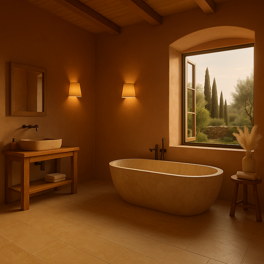 Mediterranes Badezimmer mit freistehender Steinbadewanne und Ausblick ins Grüne