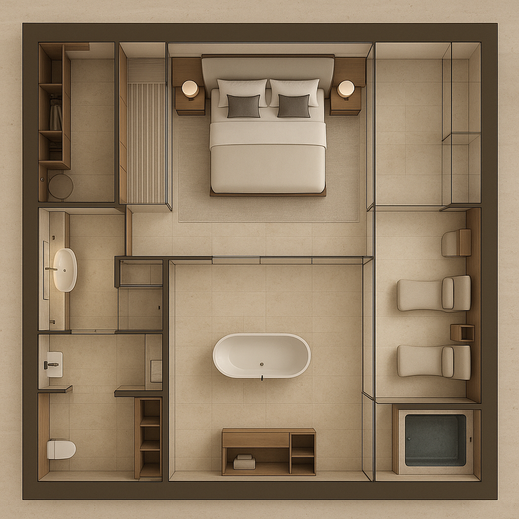 Freistehende Badewanne mit Panoramablick und bodenebener Regendusche im Schlafzimmer – luxuriöses Bad en Suite Design