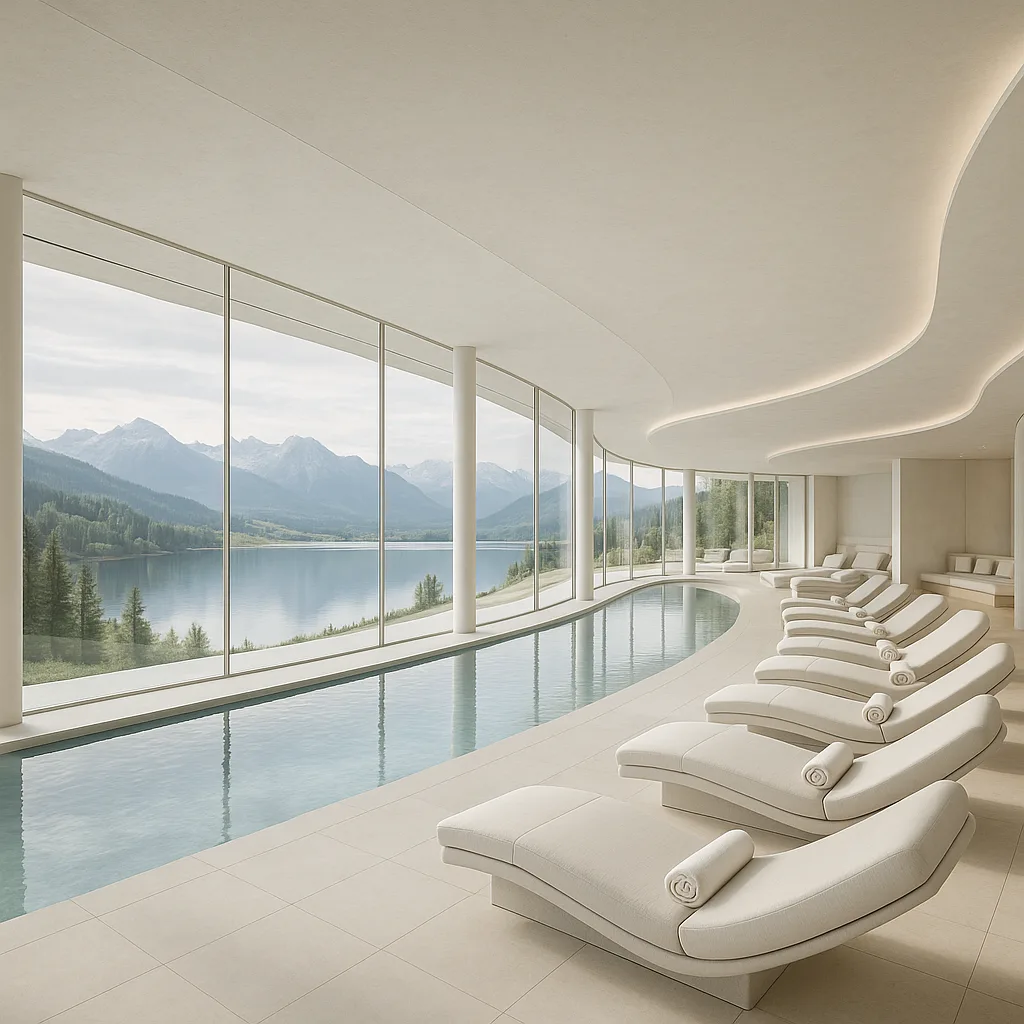 Exklusives Indoor-Spa mit Liegezone und Panoramablick auf den See und die Alpen