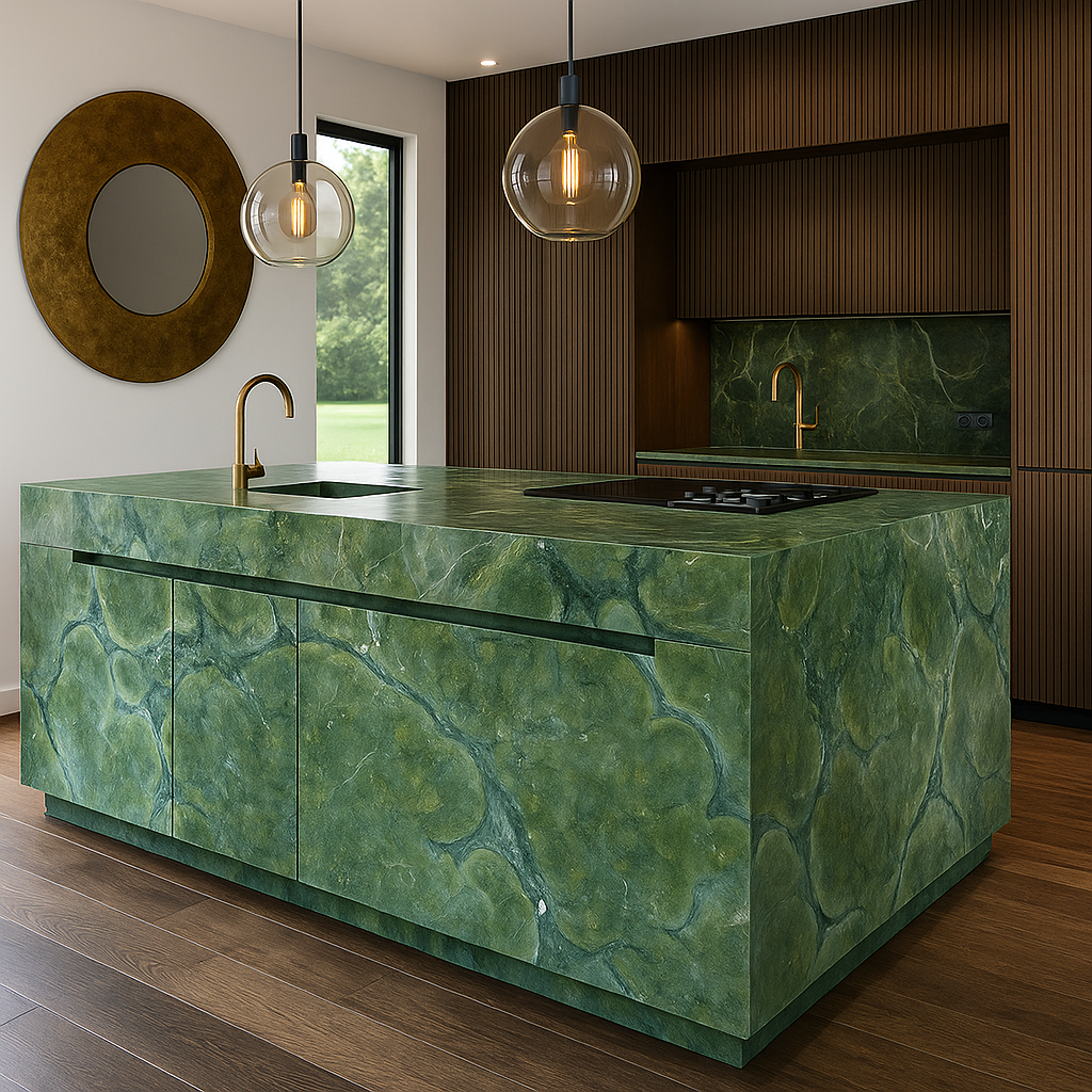 Moderne grüne Natursteinküche mit Kochinsel in luxuriösem Interieur-Design