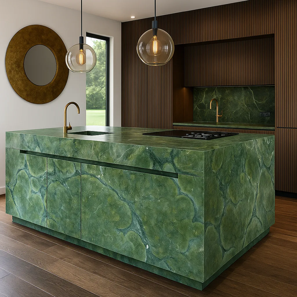 Moderne grüne Natursteinküche mit Kochinsel in luxuriösem Interieur-Design