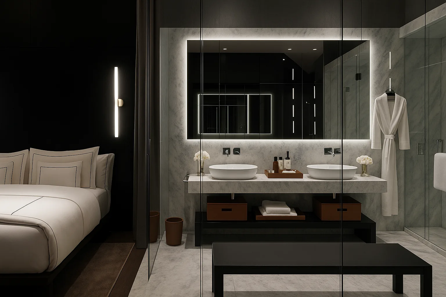 Luxuriöses Bad en Suite mit Natursteinwaschtisch, Doppelwaschbecken und hinterleuchtetem Spiegel