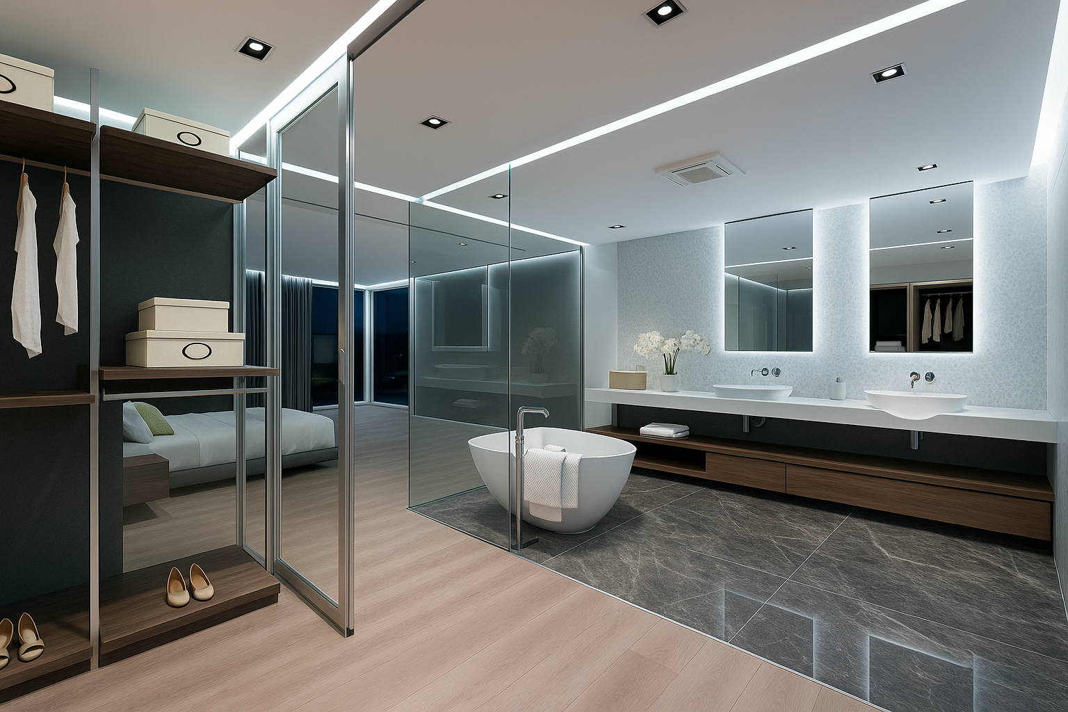 Modernes Bad en Suite mit freistehender Badewanne, Doppelwaschtisch, Glasabtrennung und integrierter Ankleide