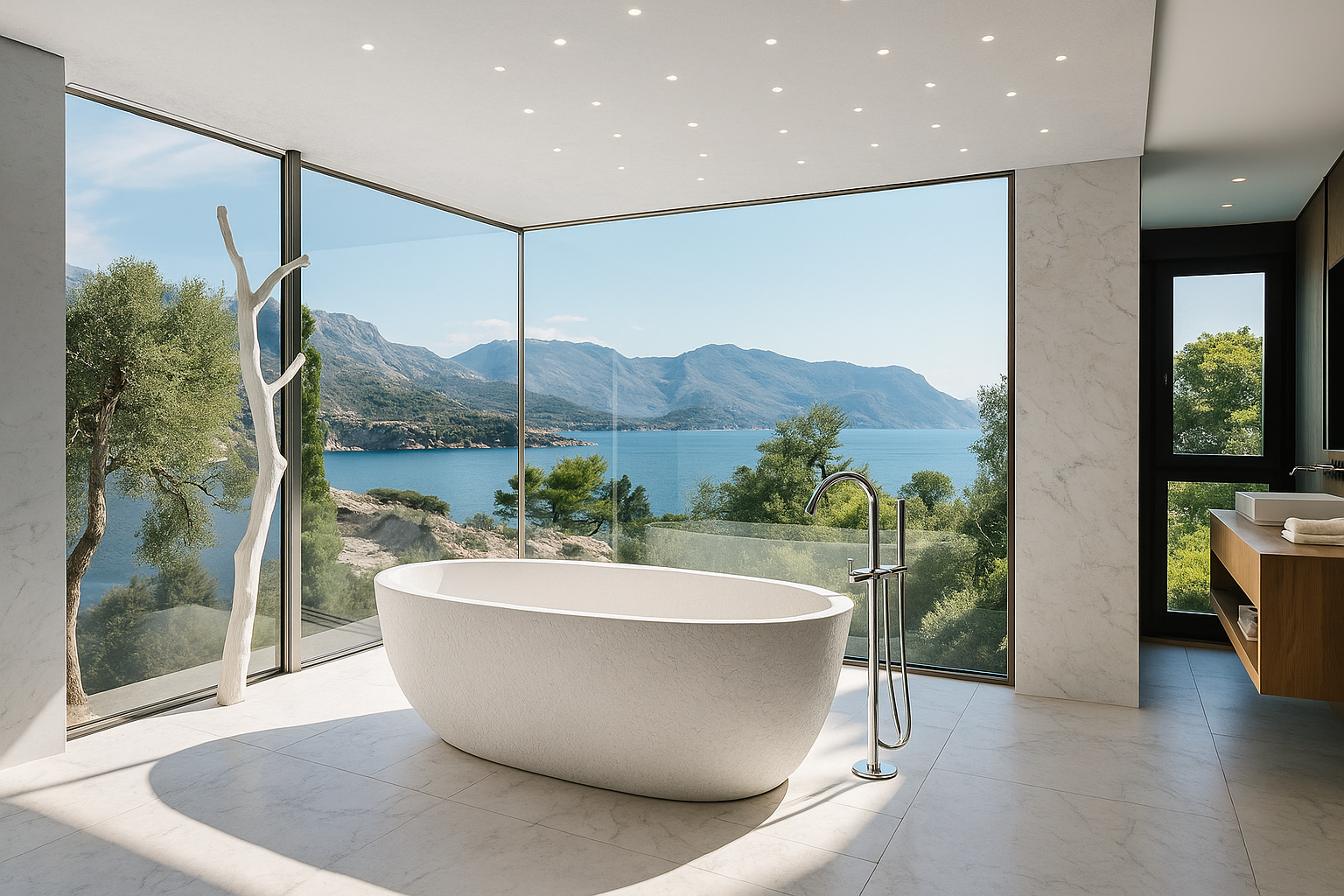 Freistehende Badewanne mit Bergblick in exklusivem Spa-Design von Torsten Müller