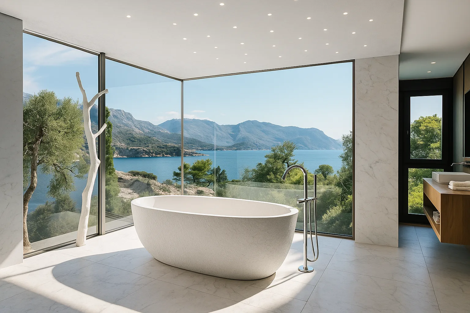 Freistehende Badewanne mit Bergblick in exklusivem Spa-Design von Torsten Müller