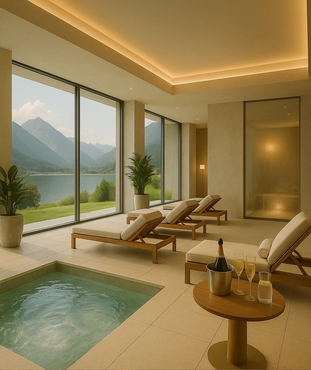 Exklusiver Spa-Raum mit Whirlpool, Relaxliegen und Alpenpanorama