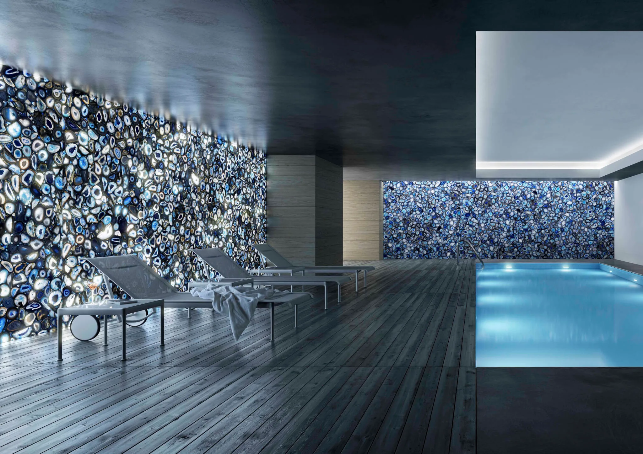 Luxuriöser Indoor-Spa mit Antolini Precioustone Blue Agate Natursteinwand