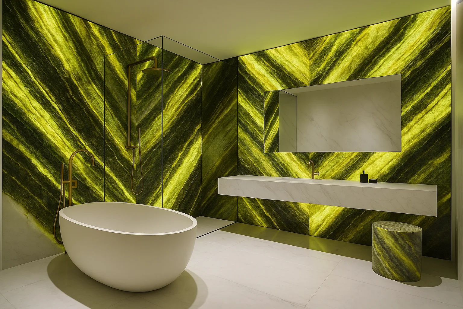 Luxuriöses Badezimmer mit hinterleuchtetem grünem Onyx, freistehender Wanne und goldener Armatur