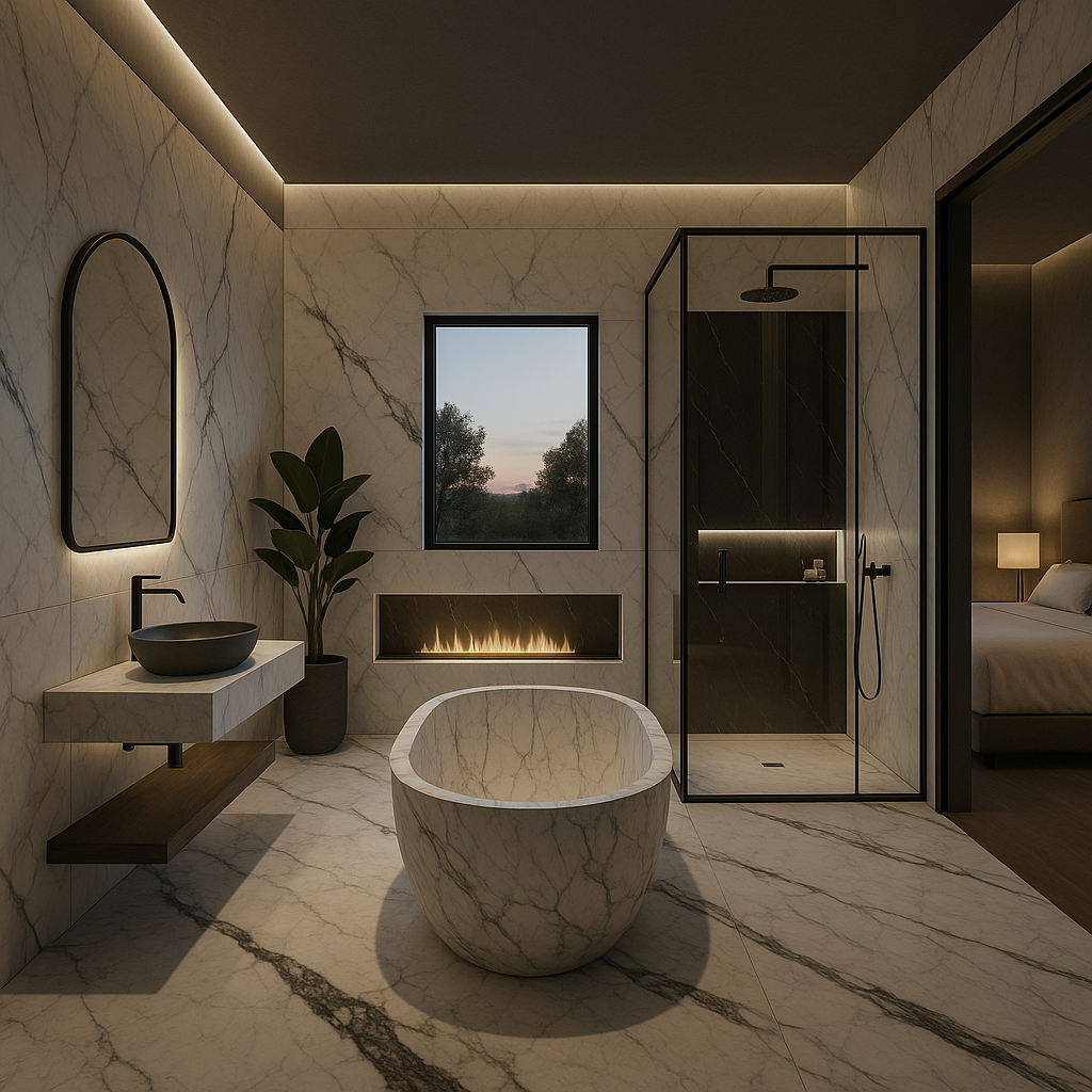Luxuriöses Badezimmer mit freistehender Marmorbadewanne, Kamin und stimmungsvollem Lichtkonzept im Bad-en-Suite-Stil.