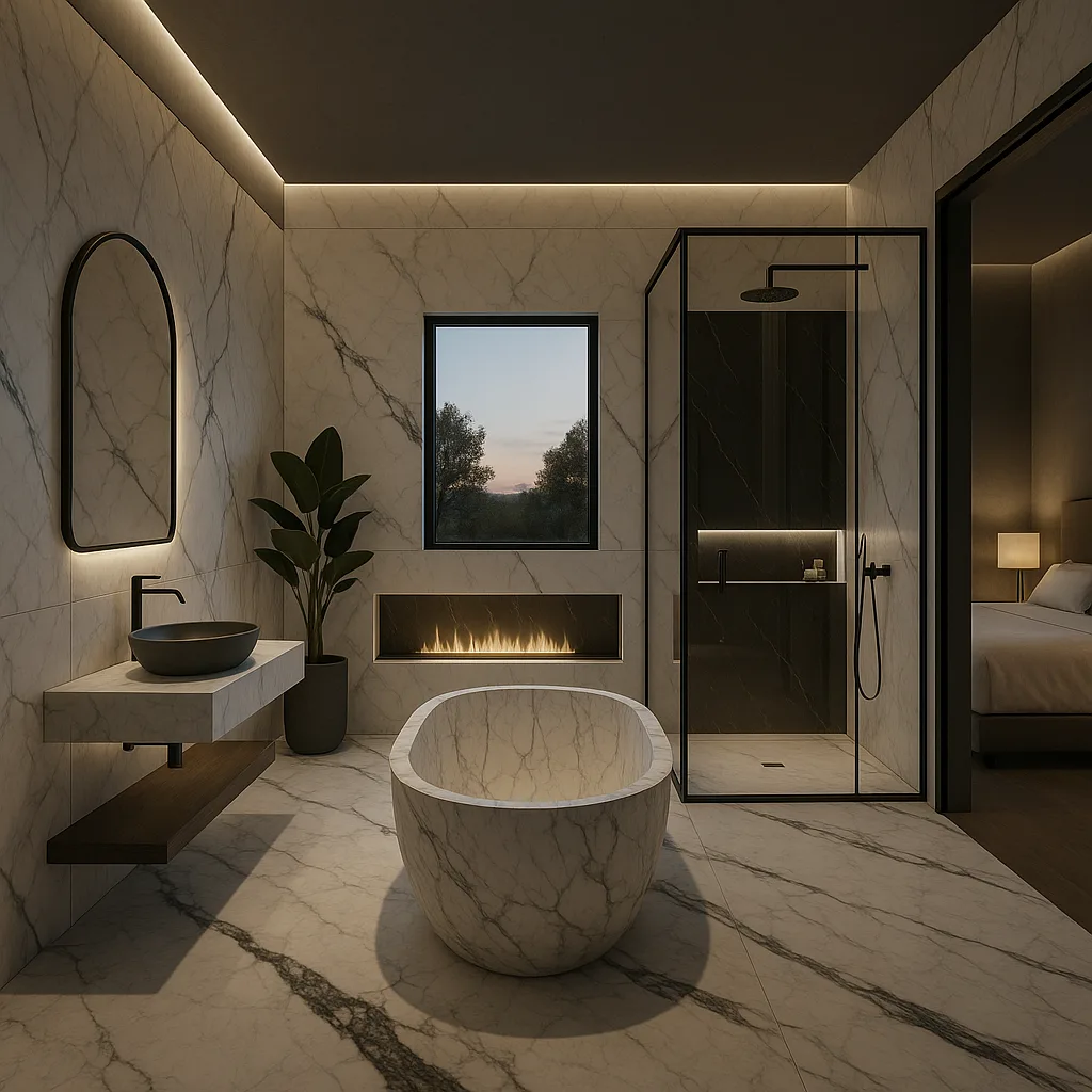 Luxuriöses Badezimmer mit freistehender Marmorbadewanne, Kamin und stimmungsvollem Lichtkonzept im Bad-en-Suite-Stil.