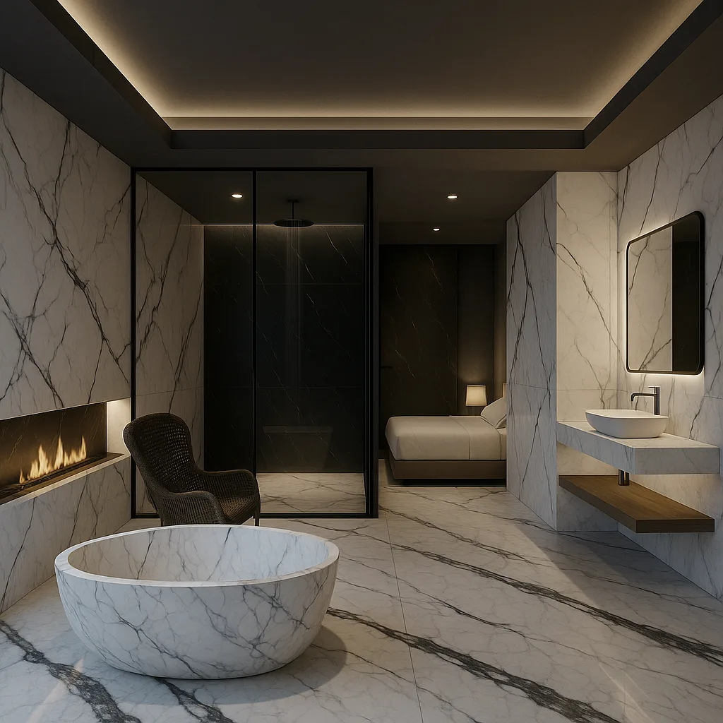 Luxuriöses Badezimmer mit freistehender Marmorbadewanne, Kamin und stimmungsvollem Lichtkonzept im Bad-en-Suite-Stil.