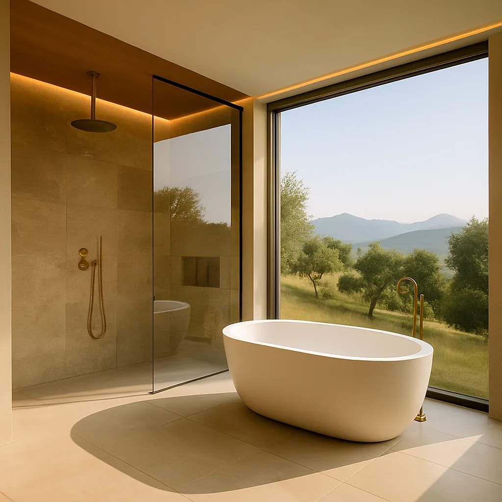 Modernes Badezimmer mit freistehender Badewanne und Ausblick auf mediterrane Hügellandschaft