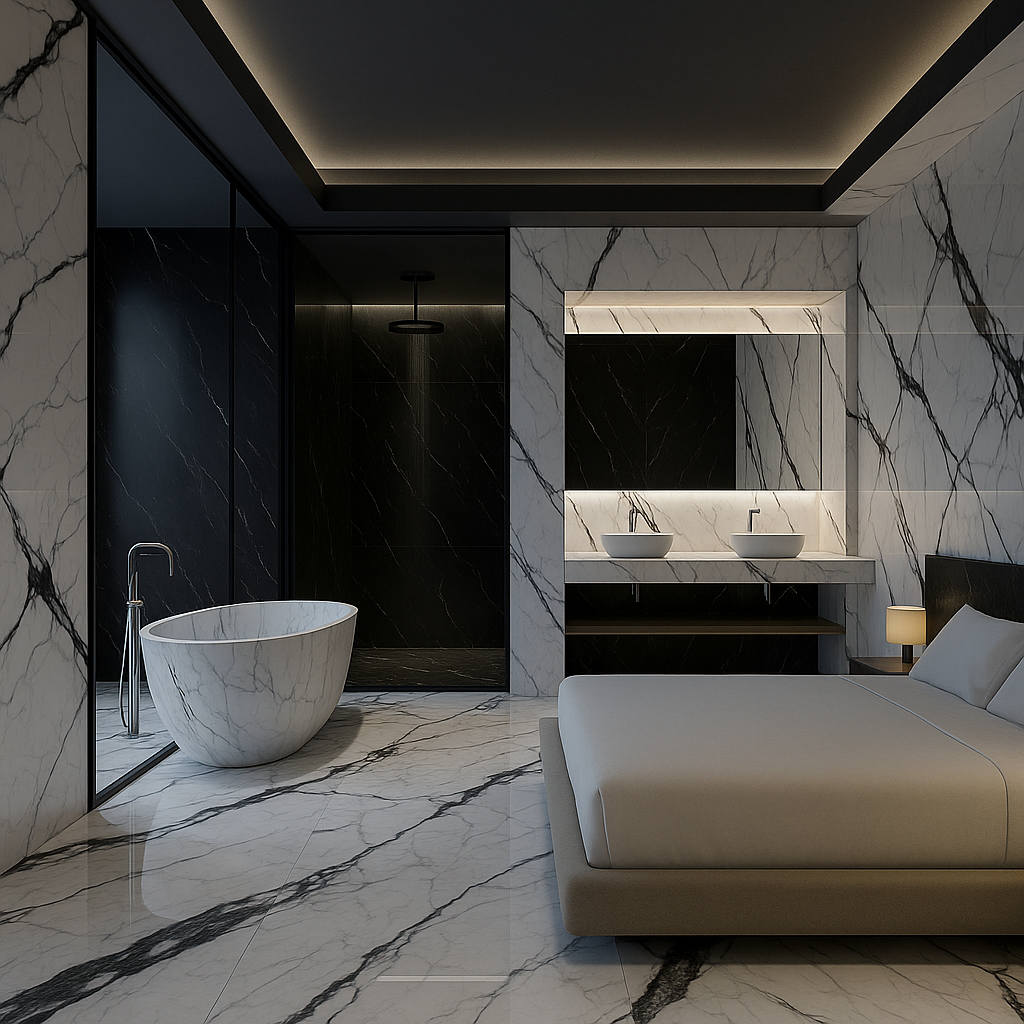 Luxuriöses Schlafzimmer mit integriertem Marmorbad – freistehende Wanne, Doppelwaschtisch und dunkle Akzente im Spa-En-Suite-Stil.