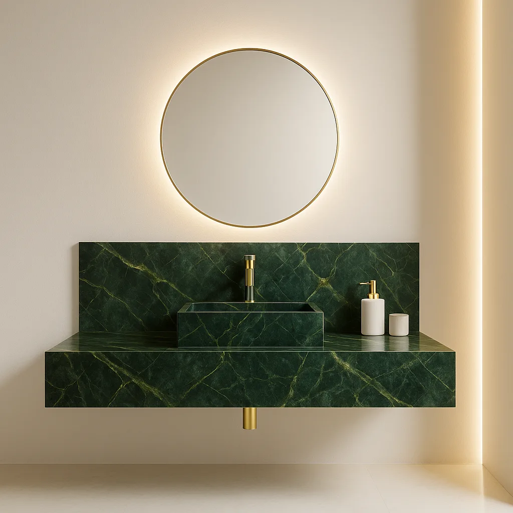 Design-Waschplatz mit grünem Marmor, goldener Armatur und beleuchtetem Rundspiegel