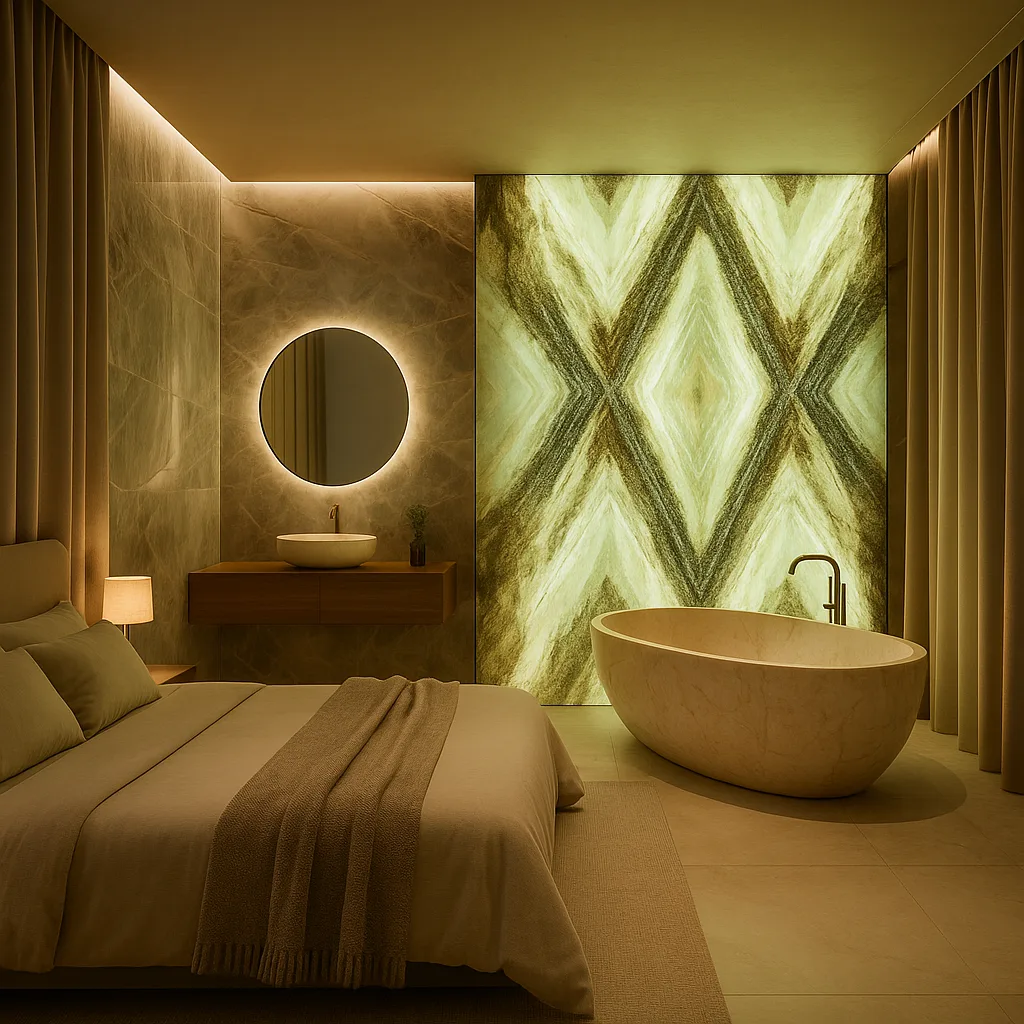 Luxuriöses Bad en Suite mit hinterleuchteter Onyxwand und freistehender Wanne vor dem Bett