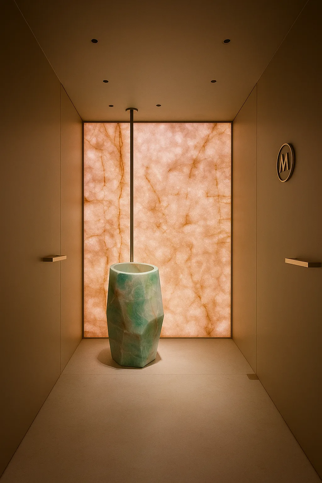 Designer-Toilette mit hinterleuchteter Onyxwand und skulpturalem grünen Waschbecken