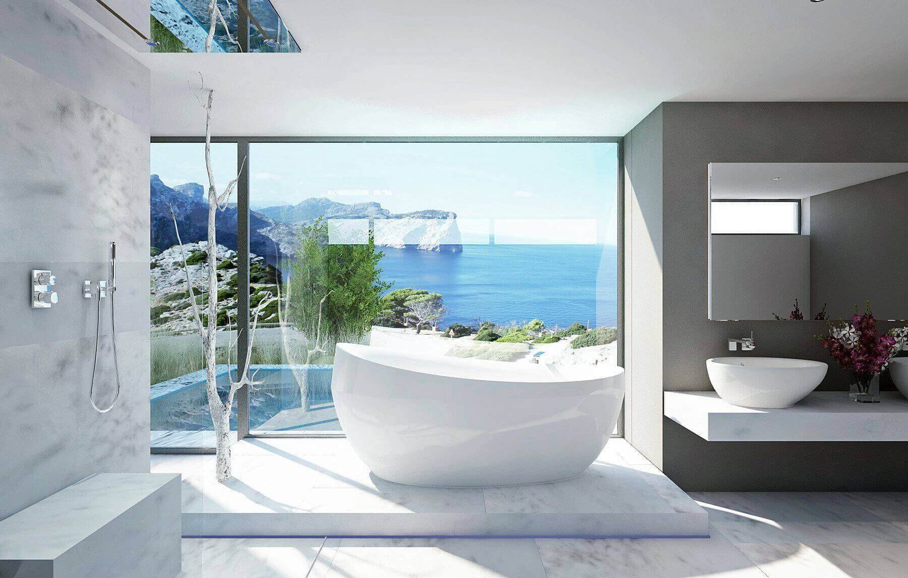 Freistehende Badewanne mit Panoramablick auf das Meer in einem modernen Luxusbad