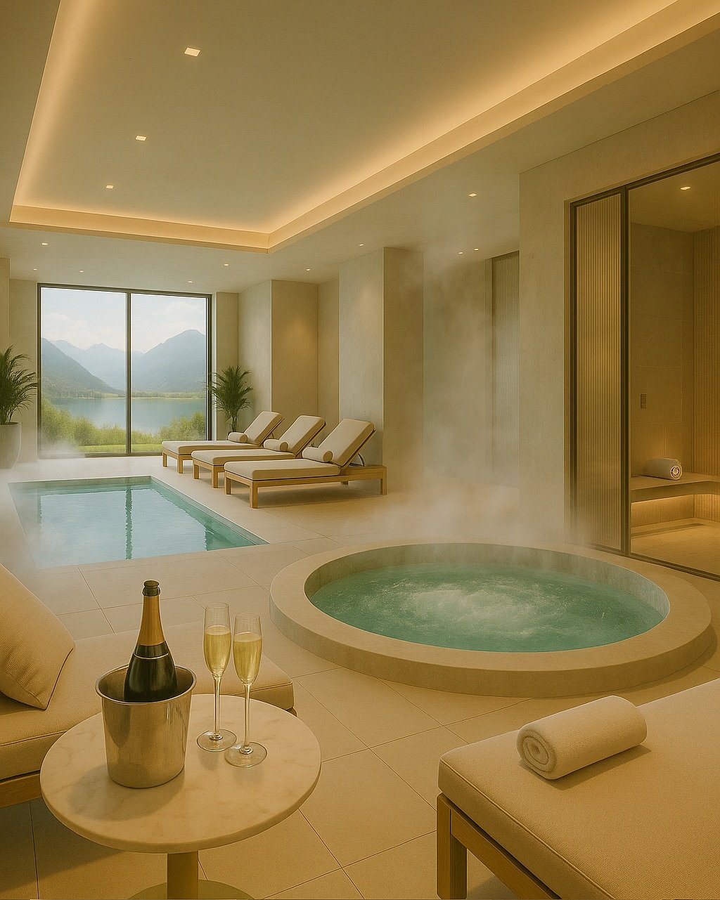 Luxus-Spa mit Alpenblick, Tageslicht und Whirlpool im Private-Wellness-Stil