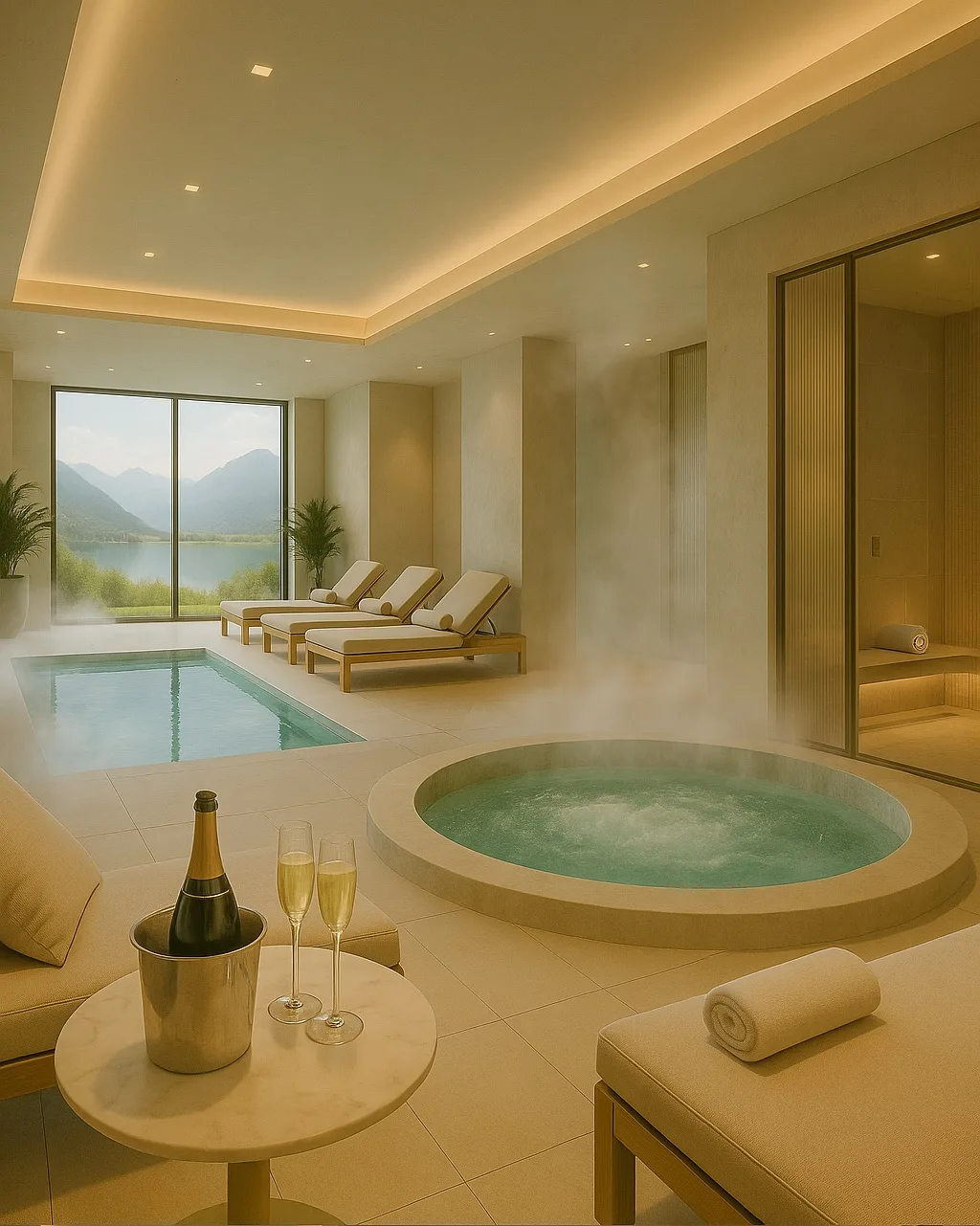 Luxus-Spa mit Alpenblick, Tageslicht und Whirlpool im Private-Wellness-Stil