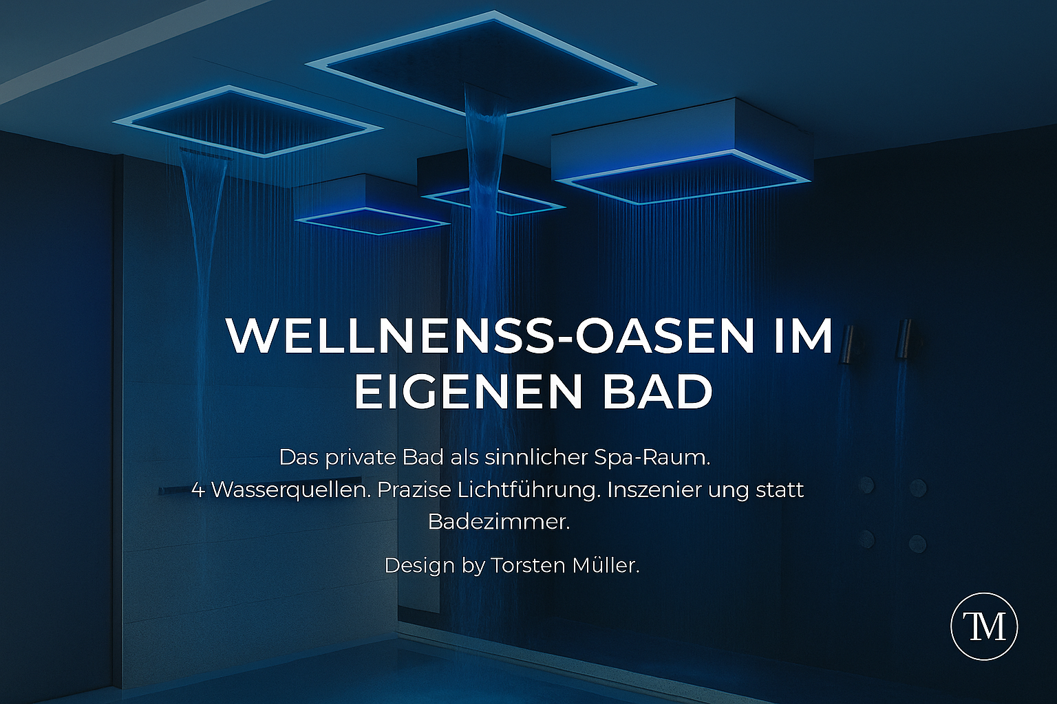 Luxuriöses Spa-Badezimmer mit vier Wasserquellen, LED-Lichtführung und deckenintegrierten Duschflächen – Design by Torsten Müller.