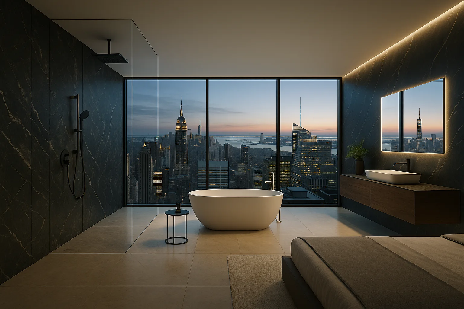 Luxuriöses Bad en Suite mit freistehender Badewanne und Blick auf die Skyline – modernes Interior Design mit dunklem Naturstein, Tageslicht und minimalistischer Ausstattung.