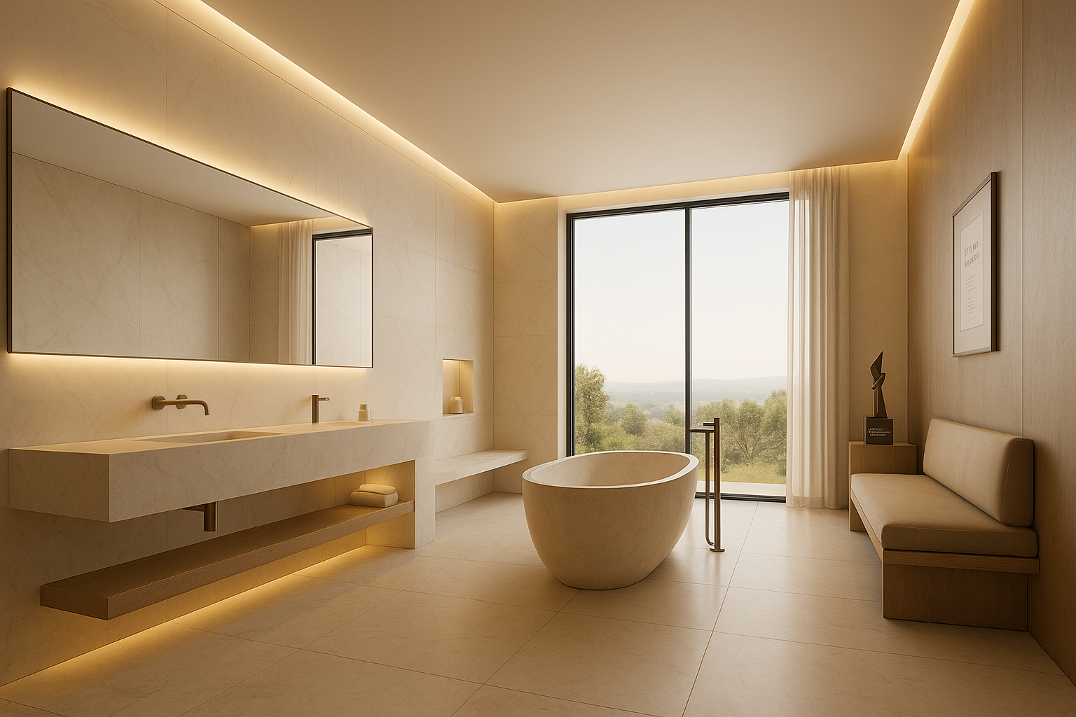 Luxus Badplanung mit Naturstein, freistehender Wanne und Panorama-Fenster – Design by Torsten Müller, Bad en Suite ab 100.000 €
