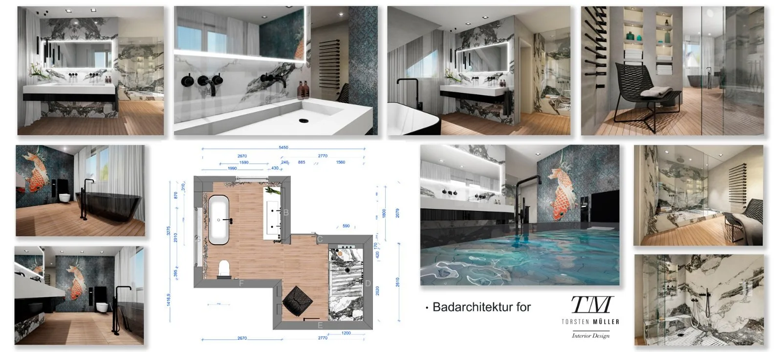 Collage einer luxuriösen Badarchitektur mit Marmordesign, freistehender Badewanne, Fisch‑Wandmotiv, Planzeichnungen und verschiedenen Perspektiven.