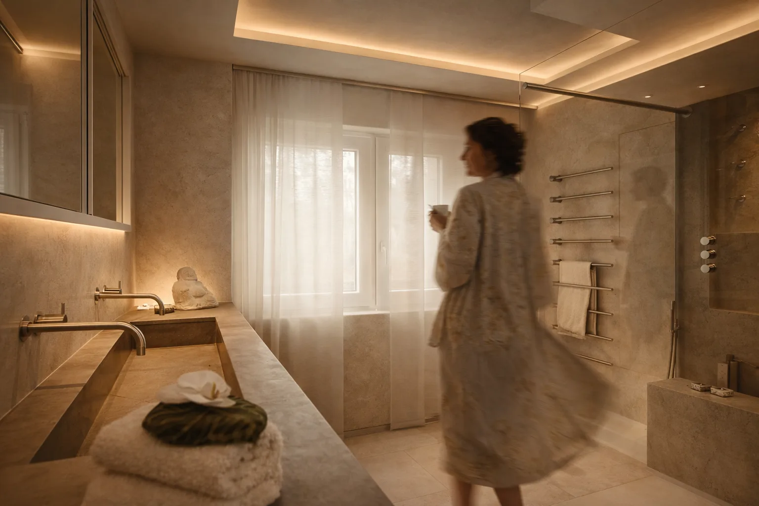 Moderne Badplanung mit Naturstein, indirekter Lichtführung und hochwertigem Private Spa Design.
