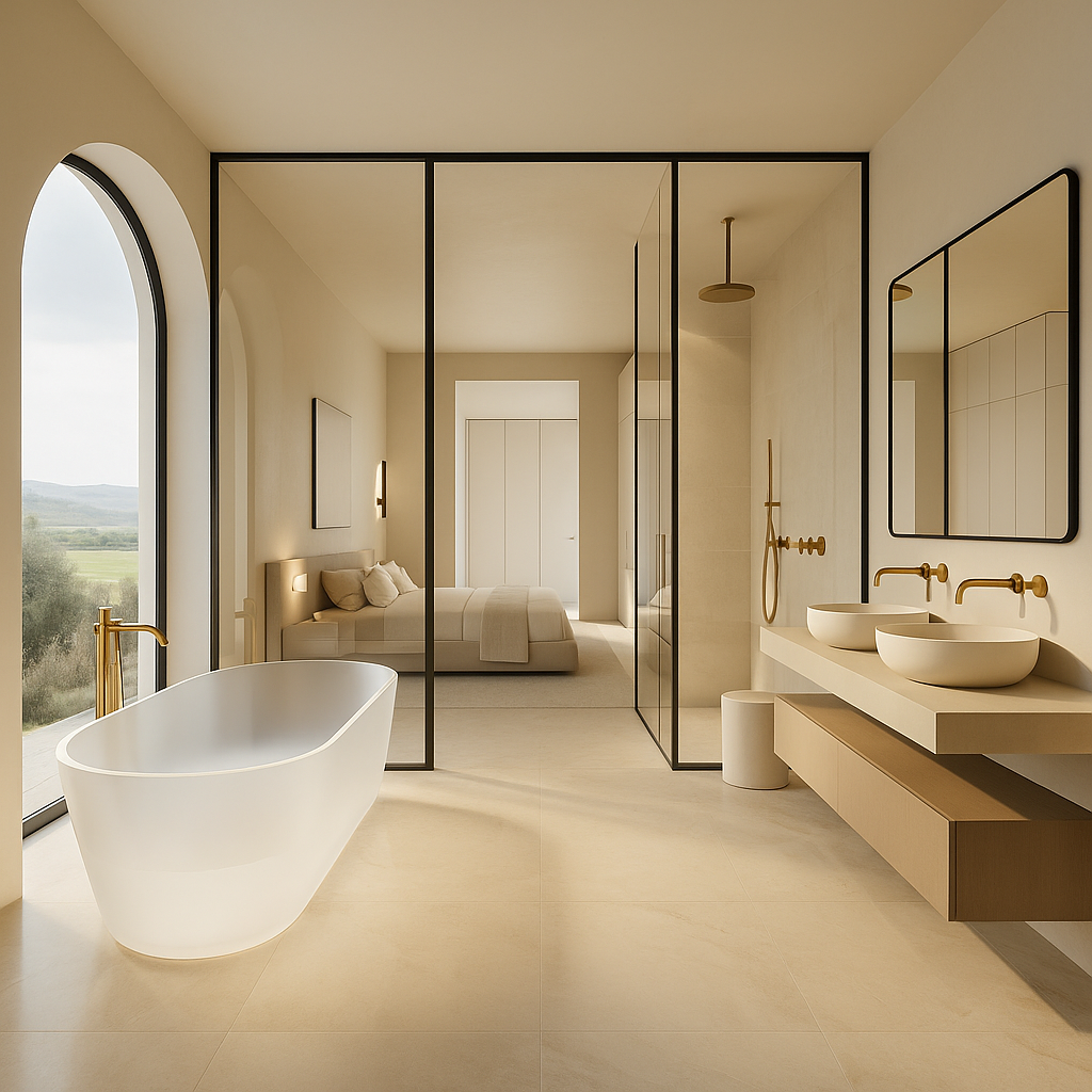 Hochwertige Badplanung mit Ensuite-Konzept, freistehender Badewanne, Glasdusche und maßgeschneidertem Doppelwaschtisch.